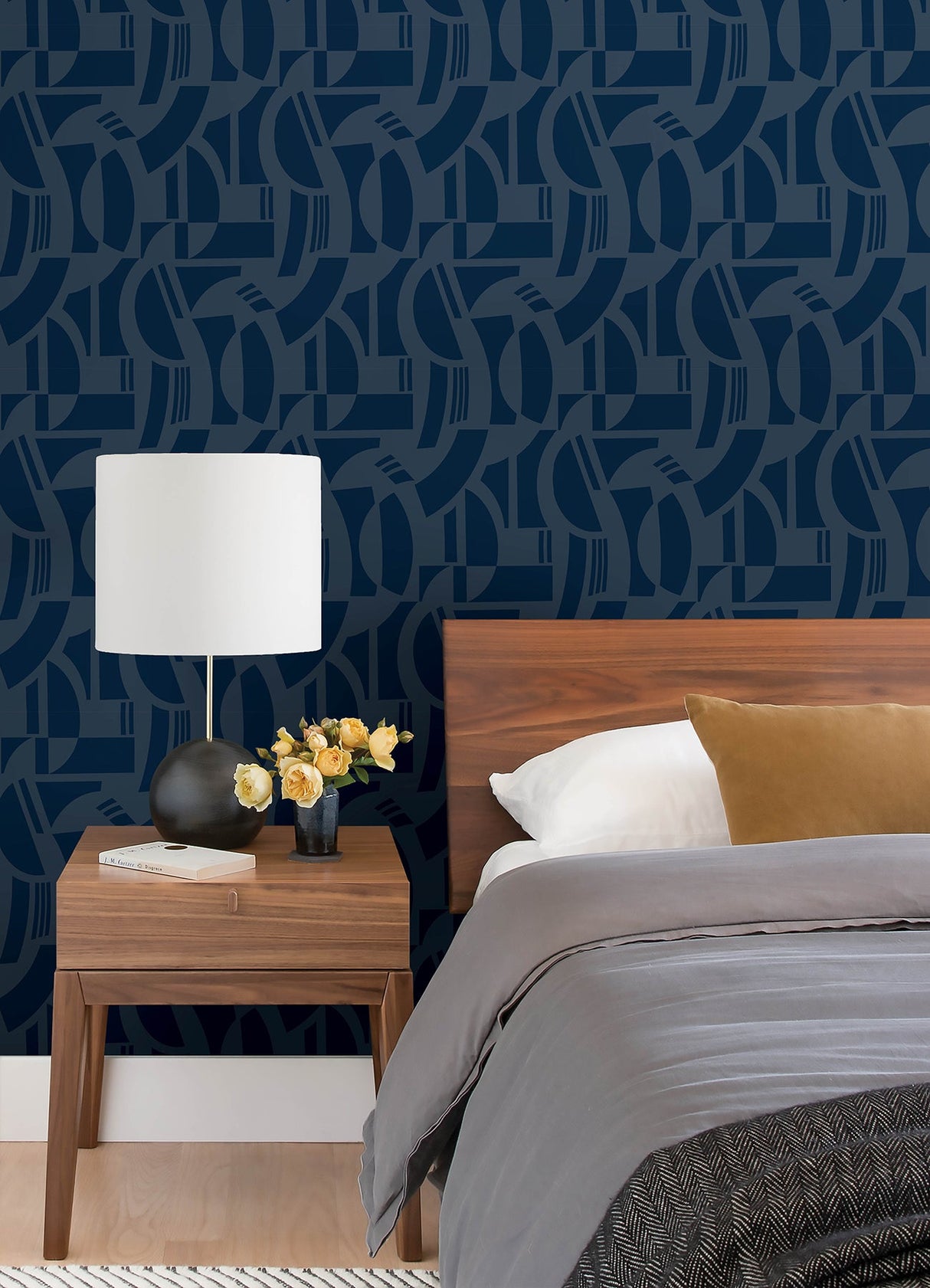 A-Street Prints 4034-87381 Carter Indigo Geometric Flock Wallpaper by Scott Living