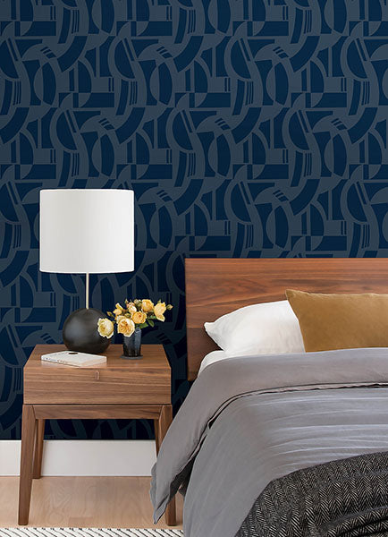 Eade’s Carter Indigo Geometric Flock Wallpaper by Scott Livi