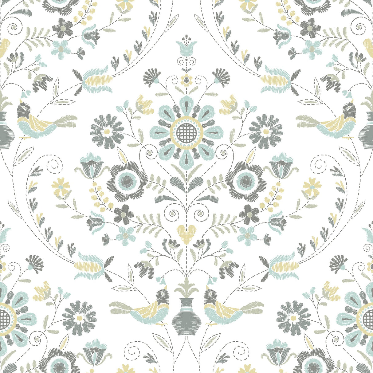 A-Street Prints 4066-26510 Britt Sea Green Embroidered Damask Wallpaper