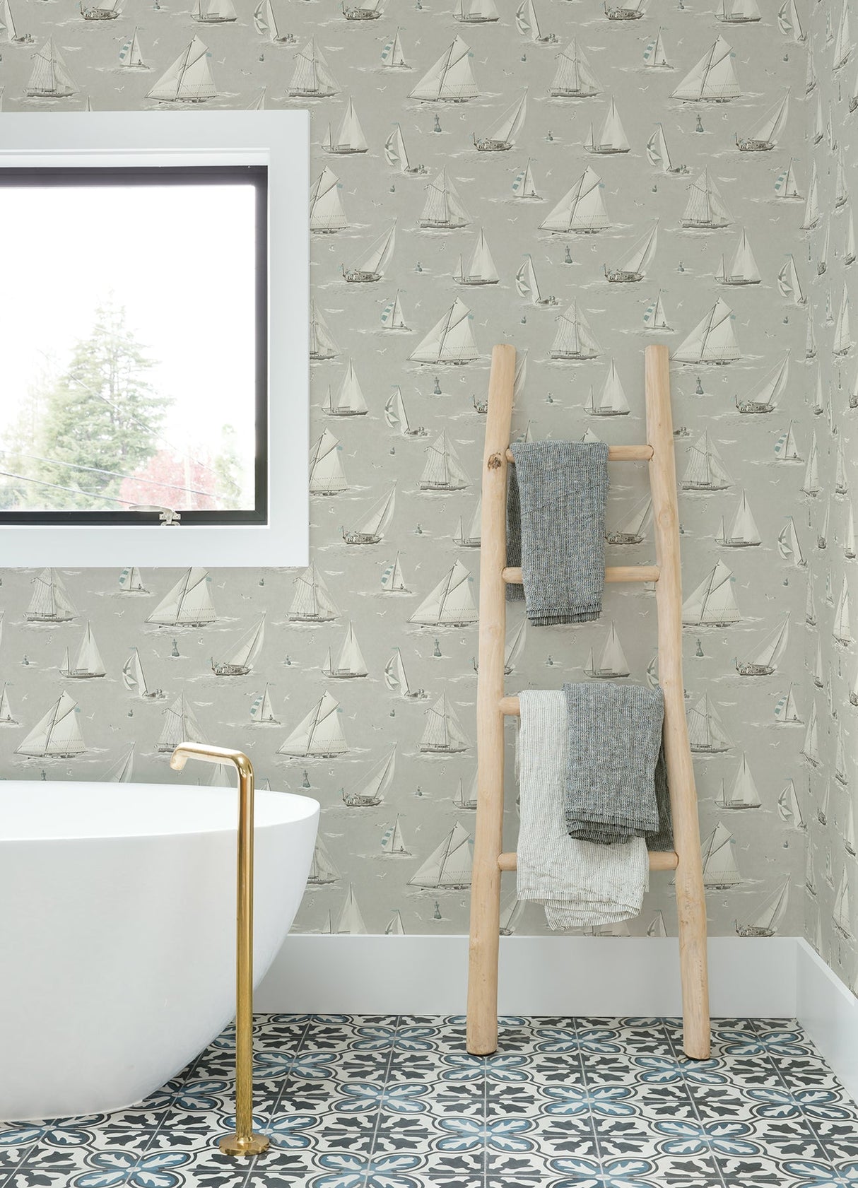 Chesapeake 4071-71036 Leeward Light Grey Sailboat Wallpaper