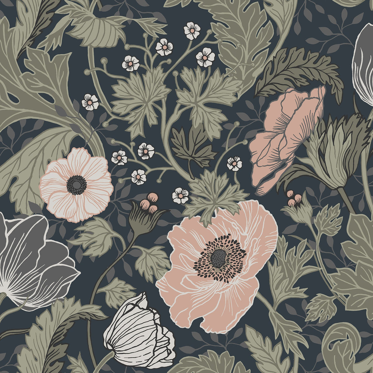 A-Street Prints 4080-44103 Anemone Navy Floral Wallpaper