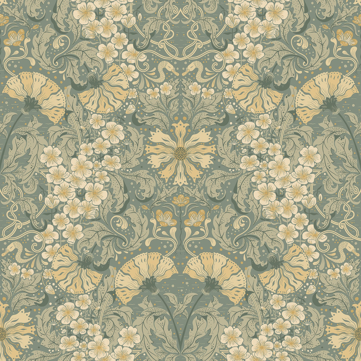 A-Street Prints 4080-83113 Ojvind Sea Green Floral Ogee Wallpaper