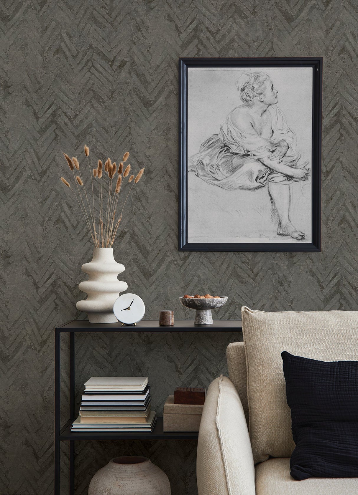 A-Street Prints 4105-86611 Amesemi Dark Grey Distressed Herringbone Wallpaper