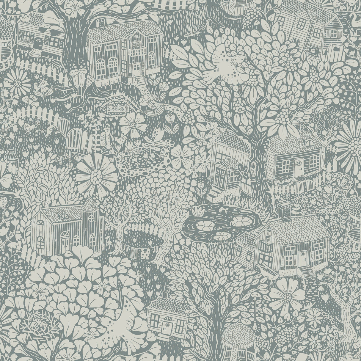 A-Street Prints 4111-63005 Bygga Bo Blue Woodland Village Wallpaper