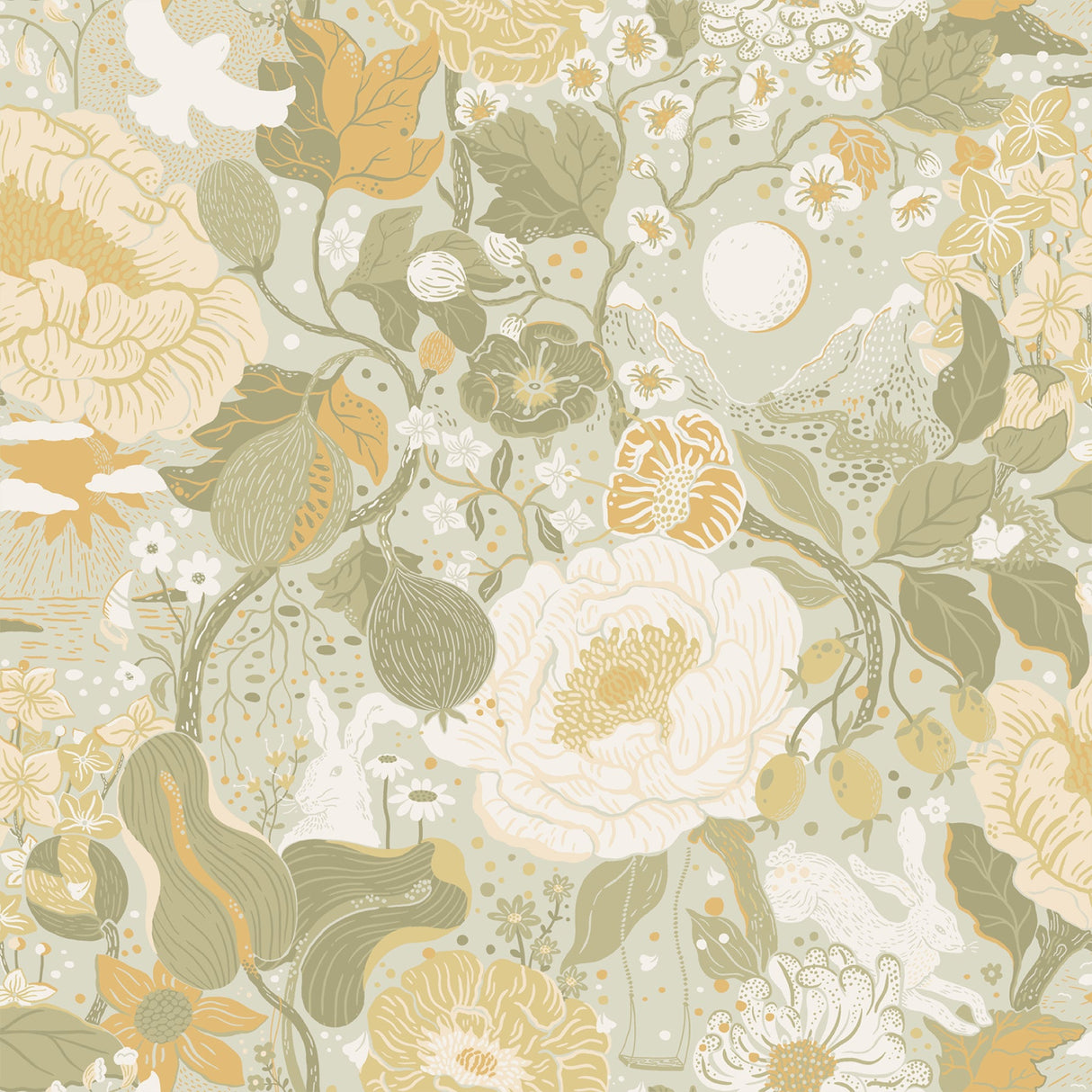 A-Street Prints 4111-63015 Växa Light Grey Rabbits & Rosehips Wallpaper