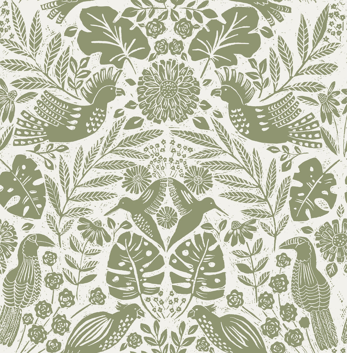 A-Street Prints 4122-27005 Nestle Green Bird Block Print Wallpaper
