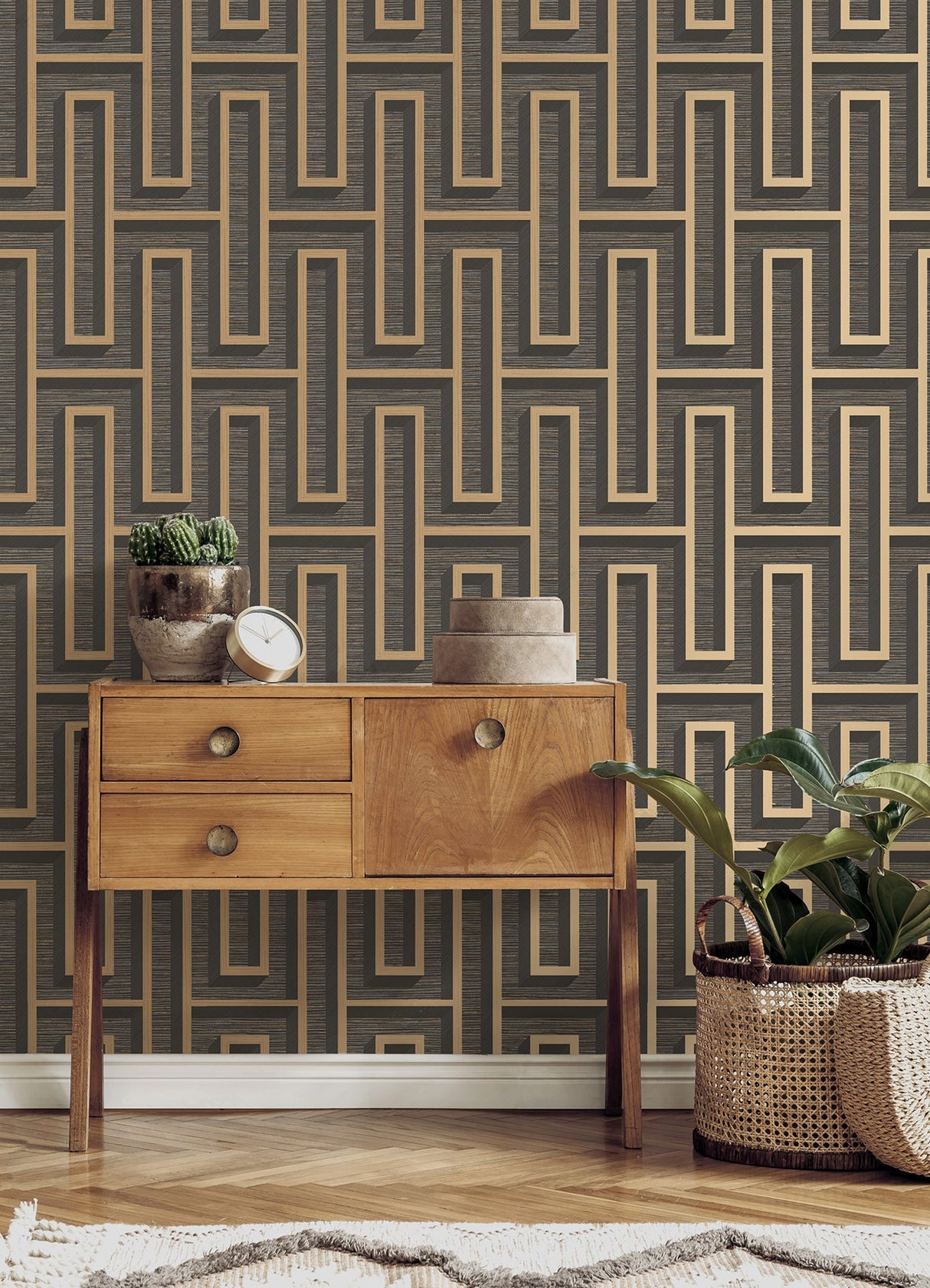 Eade’s Henley Black Geometric Grasscloth Wallpaper Black