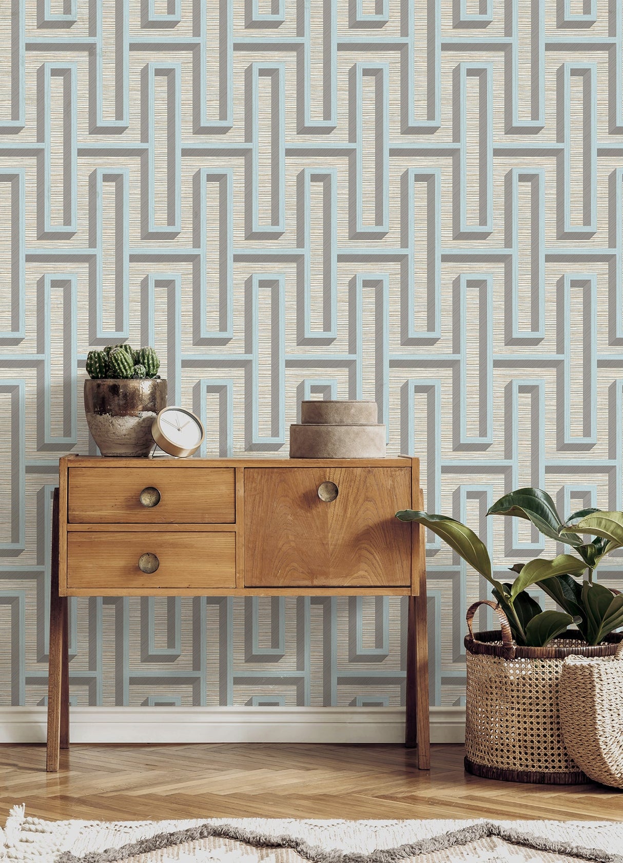 Eade’s Henley Light Blue Geometric Grasscloth Wallpaper Ligh