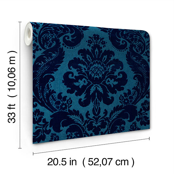 A-Street Prints 4147-87310 Shadow Blue Flocked Damask Wallpaper - Eade's Wallpaper