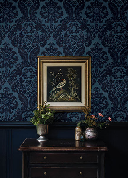 A-Street Prints 4147-87310 Shadow Blue Flocked Damask Wallpaper - Eade's Wallpaper