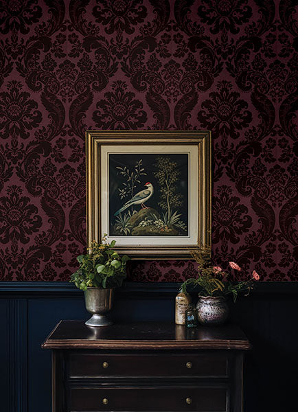 A-Street Prints 4147-87315 Shadow Merlot Flocked Damask Wallpaper - Eade's Wallpaper