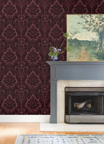 A-Street Prints 4147-87315 Shadow Merlot Flocked Damask Wallpaper - Eade's Wallpaper