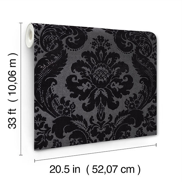 A-Street Prints 4147-87391 Shadow Black Flocked Damask Wallpaper - Eade's Wallpaper