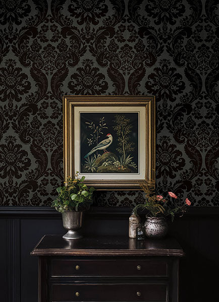 A-Street Prints 4147-87391 Shadow Black Flocked Damask Wallpaper - Eade's Wallpaper