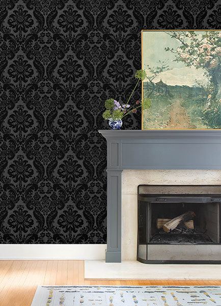 A-Street Prints 4147-87391 Shadow Black Flocked Damask Wallpaper - Eade's Wallpaper
