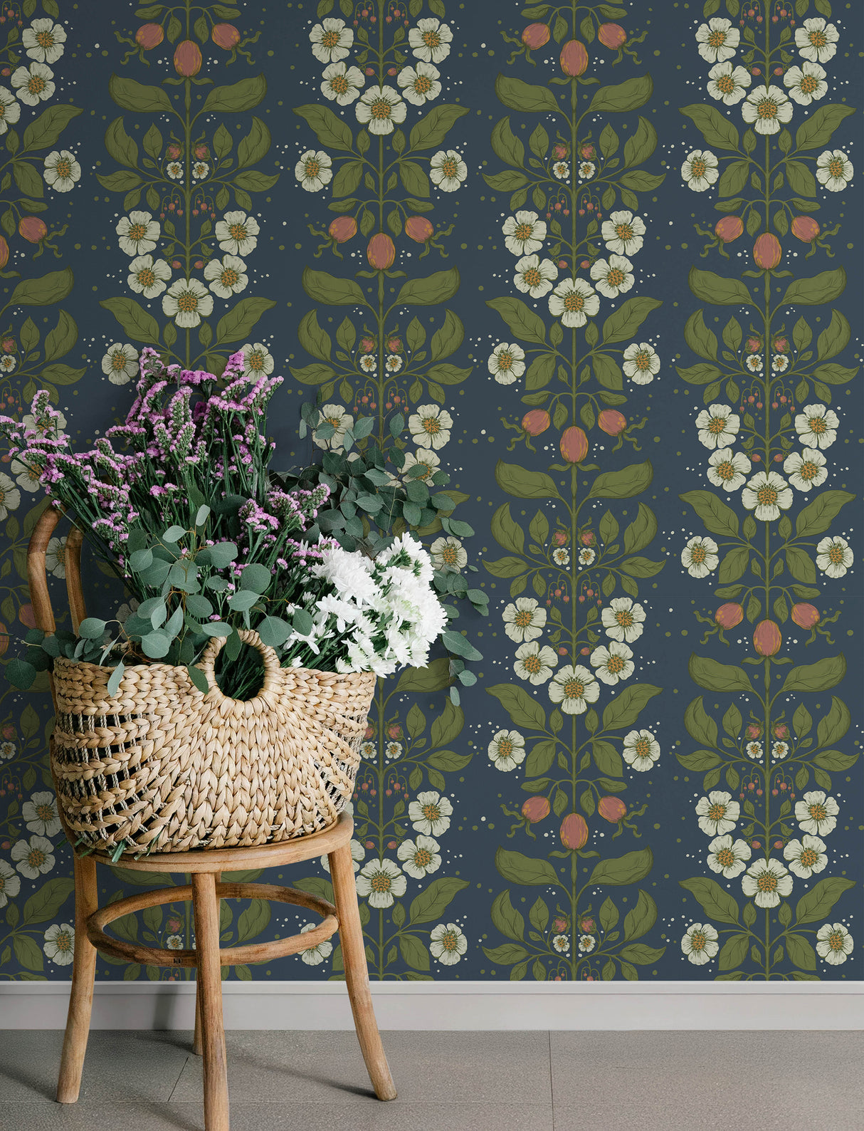 A-Street Prints 4201-48013 Rosa Navy Floral Columns Wallpape