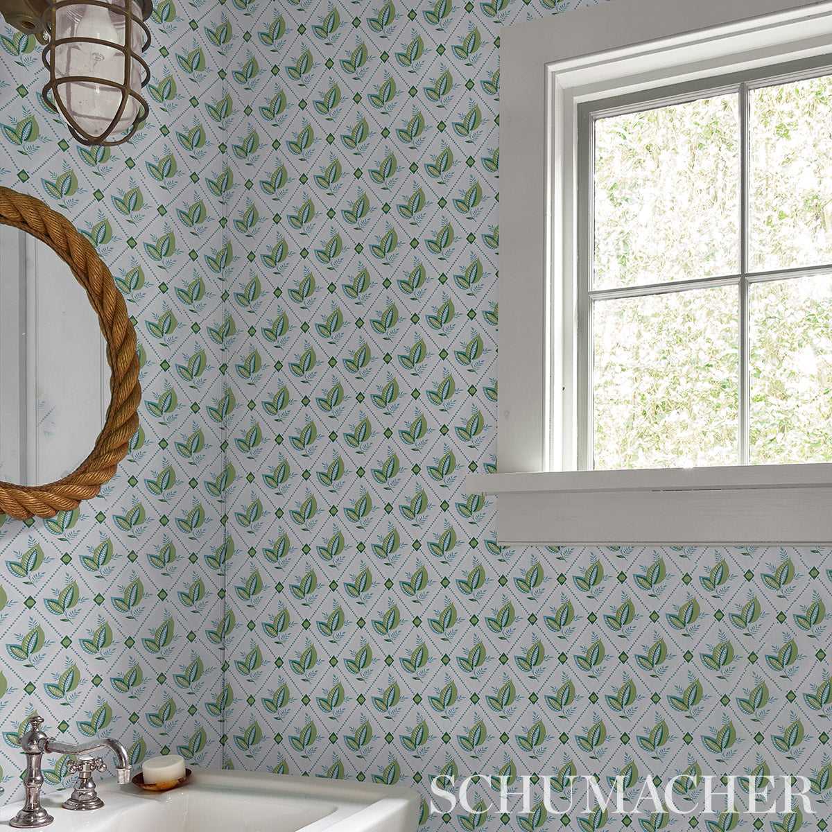 Schumacher 5014231 BASILE TRELLIS in LEAF & AQUA Wallpaper -