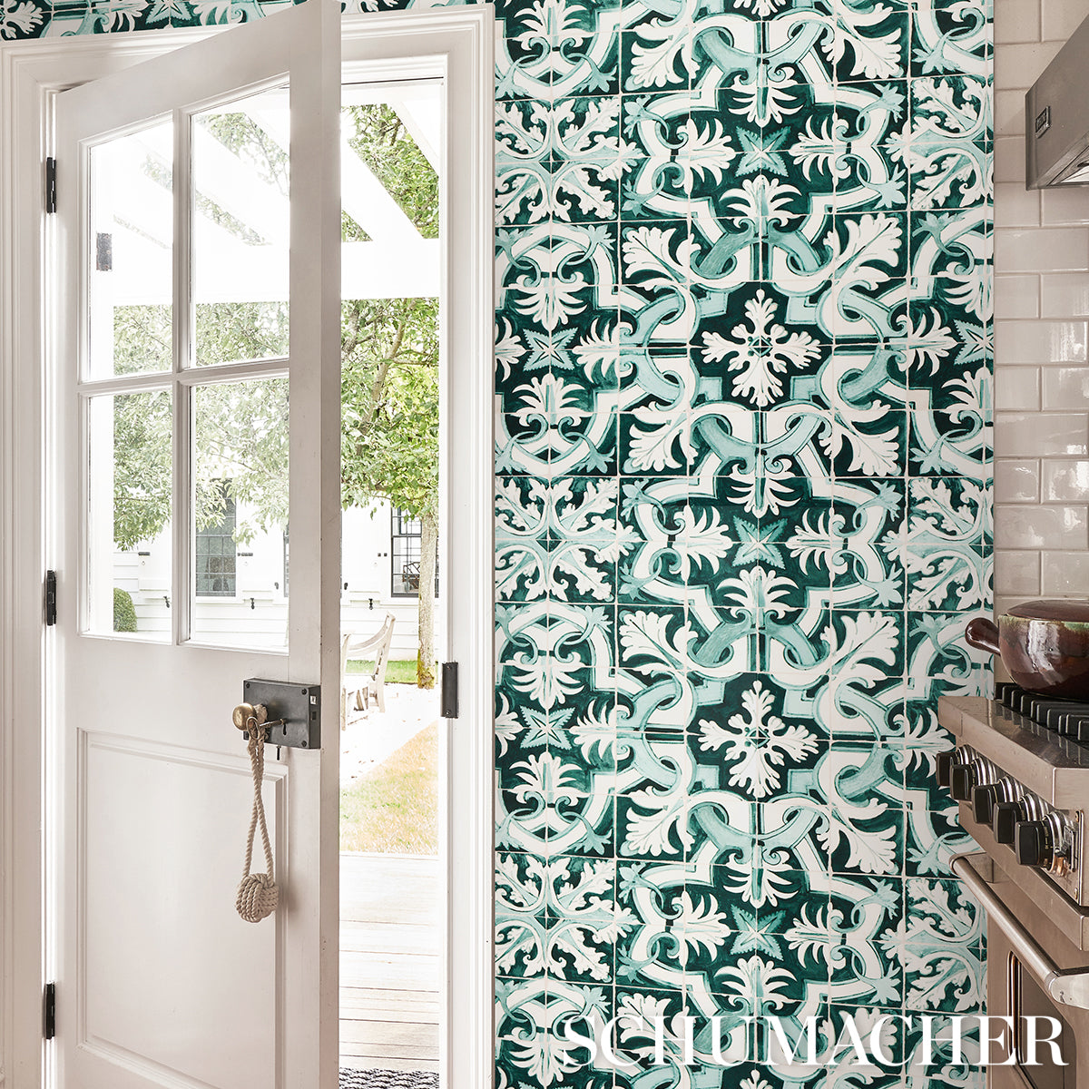 Schumacher 5015121 Azulejos in Emerald Wallpaper - Mary Mcdo