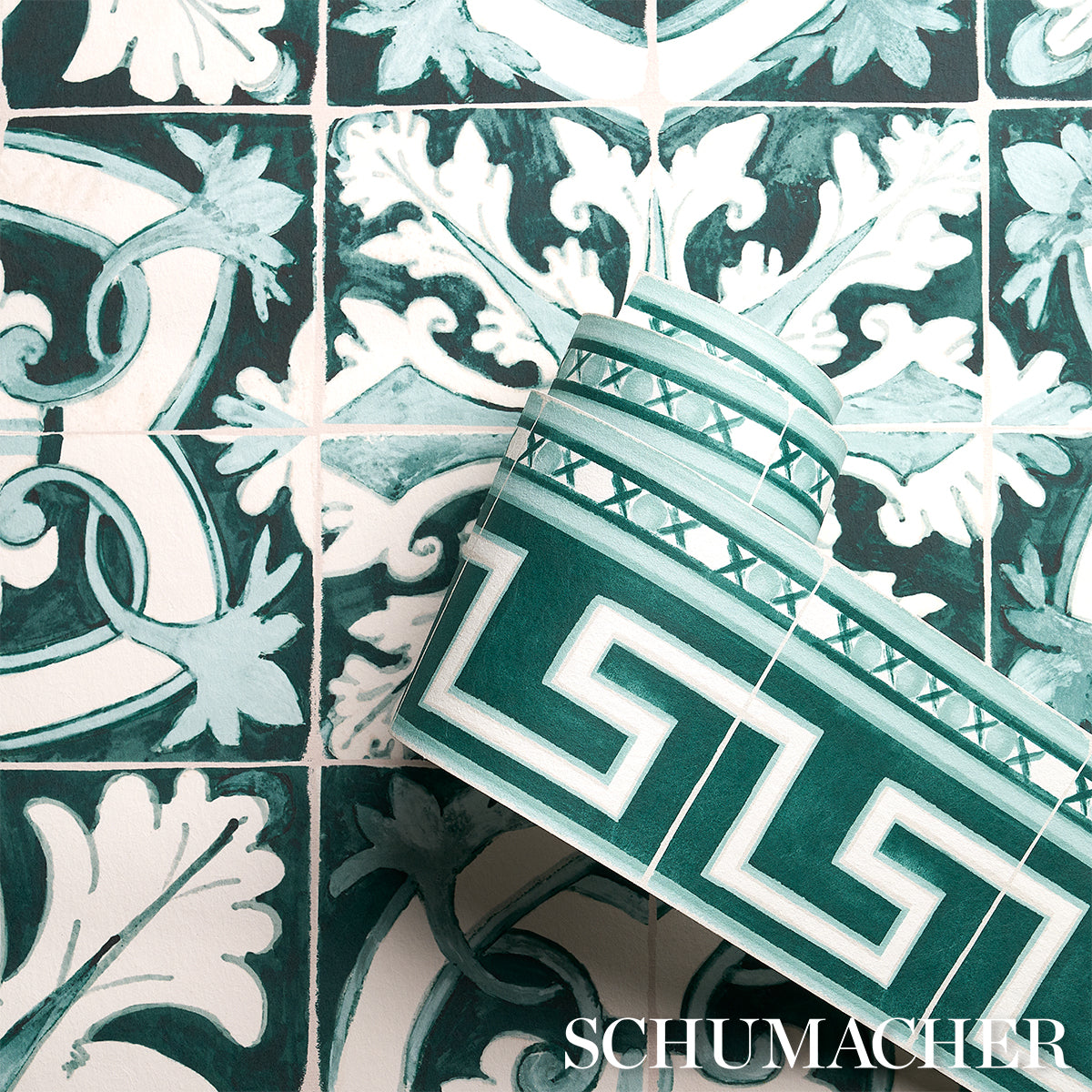 Schumacher 5015131 AZULEJOS BORDER in EMERALD Wallpaper - MA