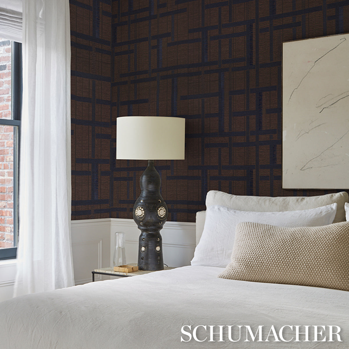 Schumacher 5015721 AXEL PLAID WALLCOVERING in NAVY/ESPRESSO
