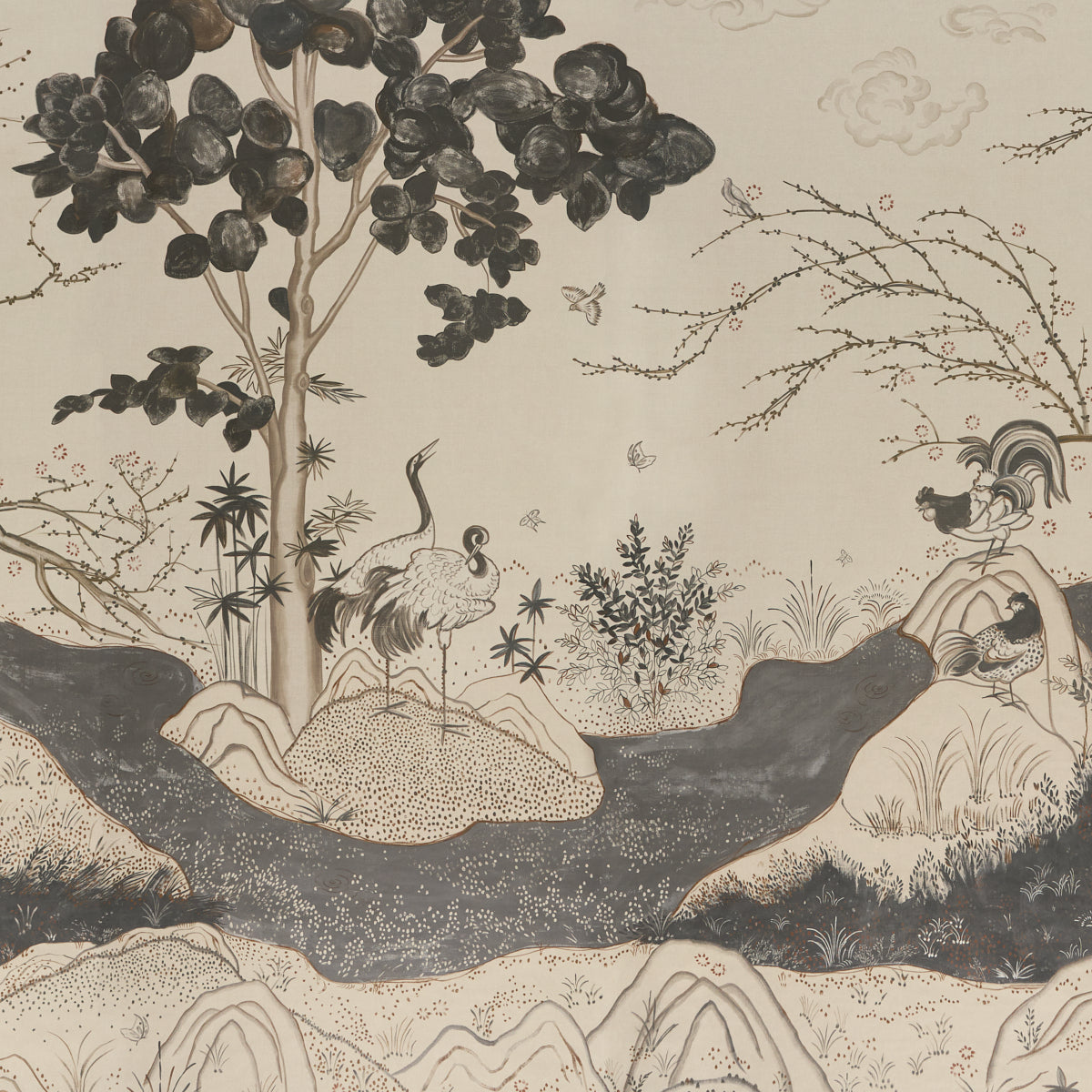 Schumacher 5017110 BIRDSONG 3 PANEL SET in CARBON Wallpaper