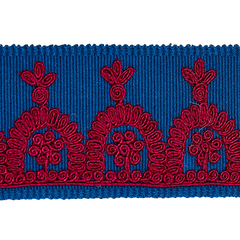 Schumacher 74156 Noelia Embroidered Tape in RED ON BLUE Trim