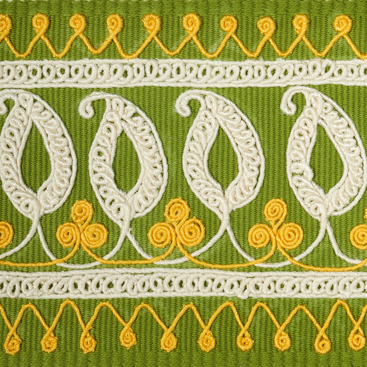 Schumacher 81232 PAISLEY EMBROIDERED TAPE in GREEN & YELLOW