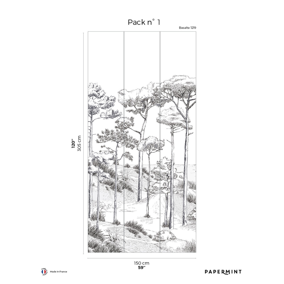 Papermint Pines Pack 1 in Black Wall Mural 8184-BT1-A