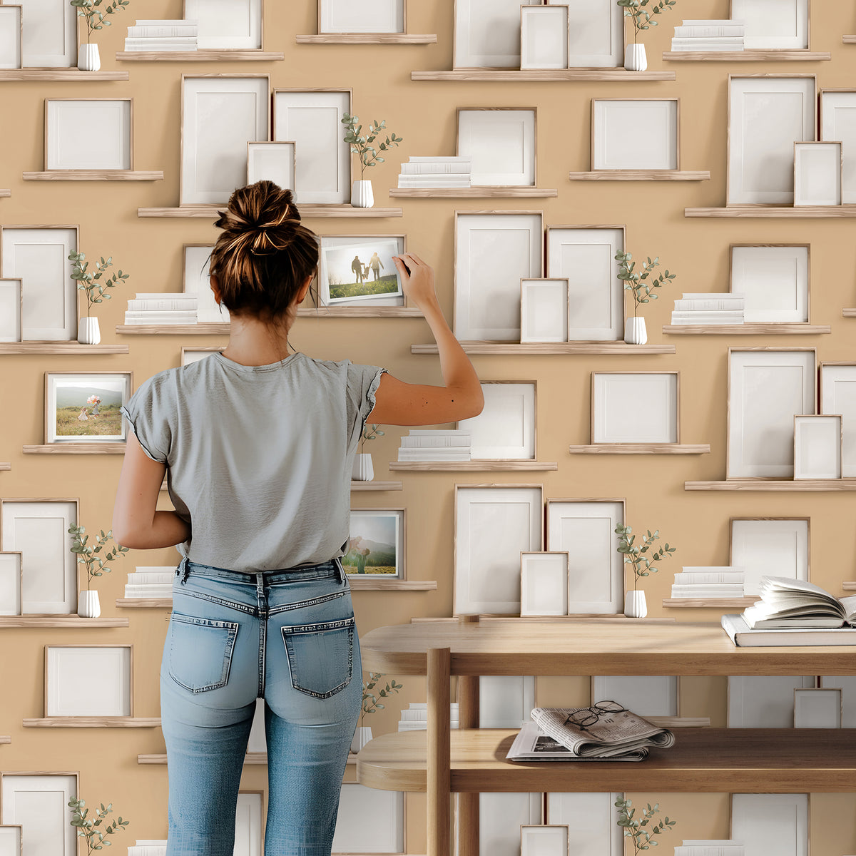 Veer Decor Frame Shelves Mustard Wallpaper 8196-AG1