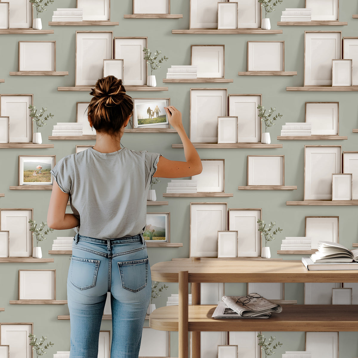 Veer Decor Frame Shelves Green Wallpaper 8196-AG3