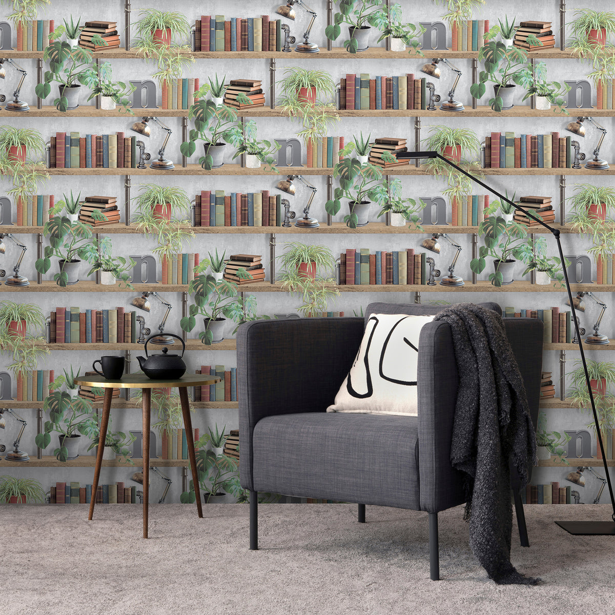 Veer Decor Industrial Book Nook Grey Wallpaper 8196-AK2