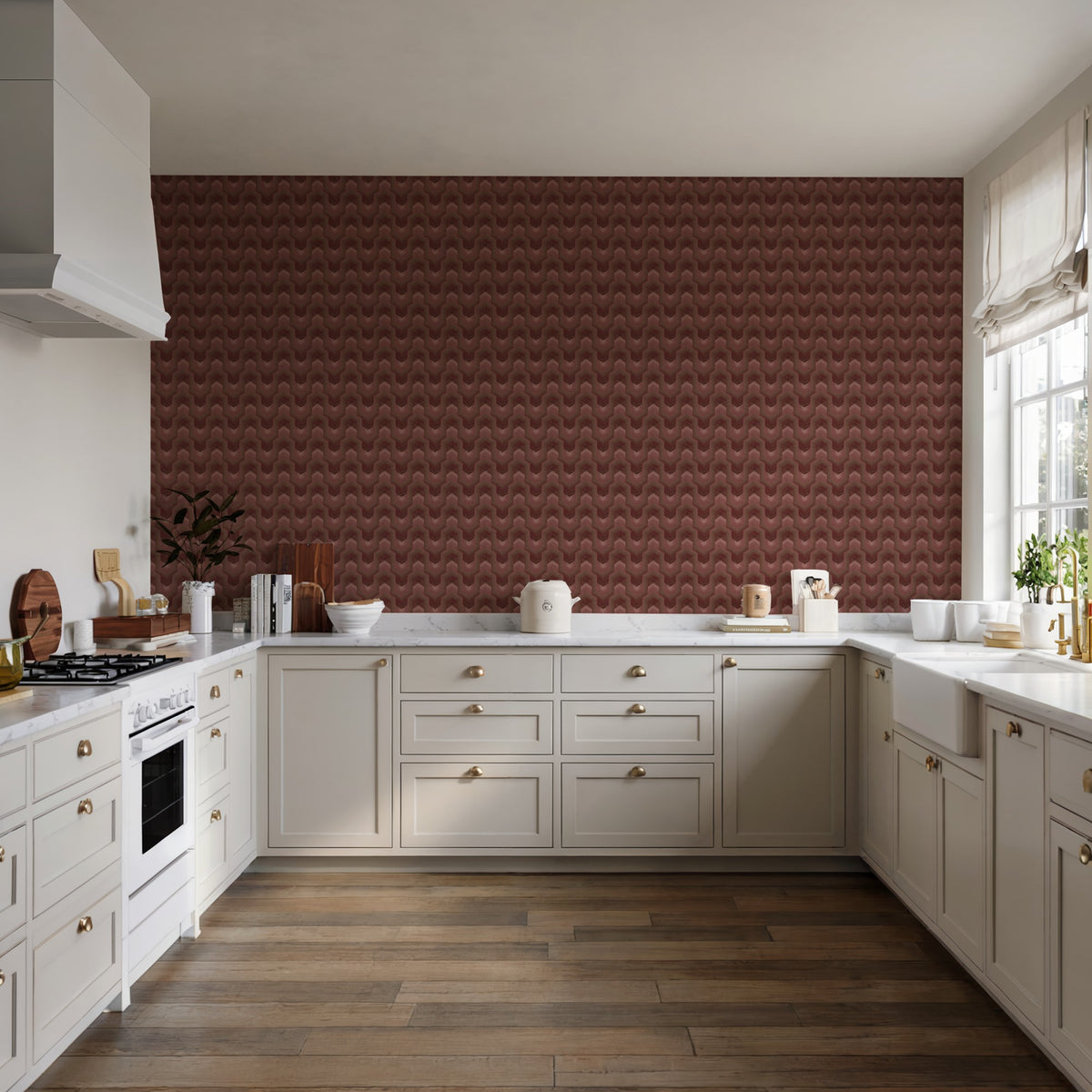 Veer Decor Embroidered Polygonal Dream Red Wallpaper 8385-AA
