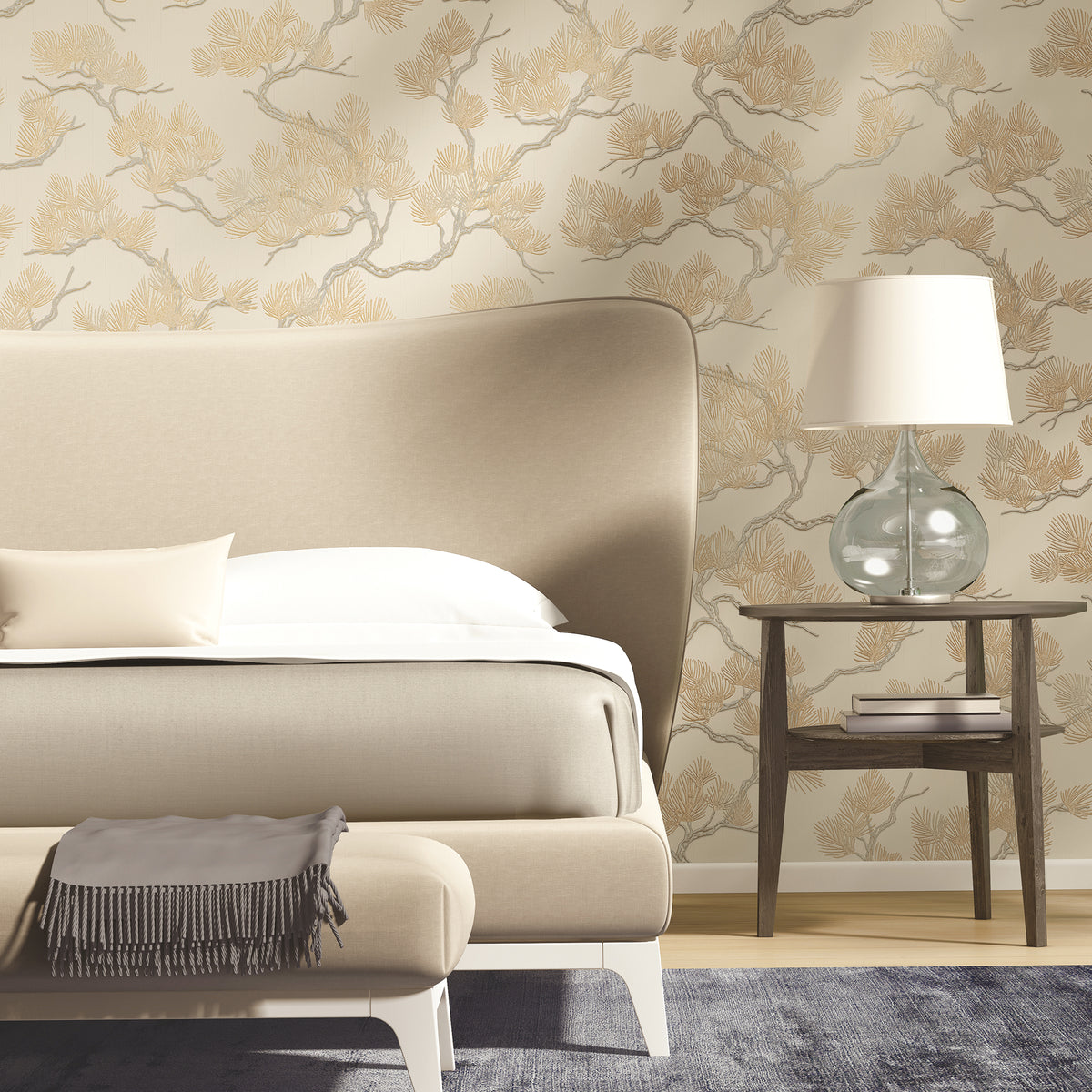 Veer Decor Embroidered Pine Tree Gold Wallpaper 8387-AF2