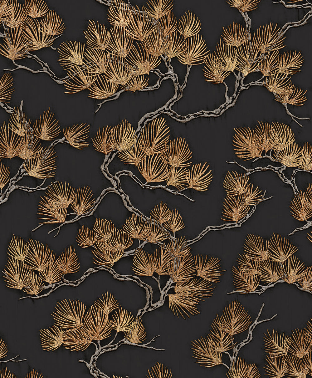 Veer Decor Embroidered Pine Tree Black Wallpaper 8387-AF4