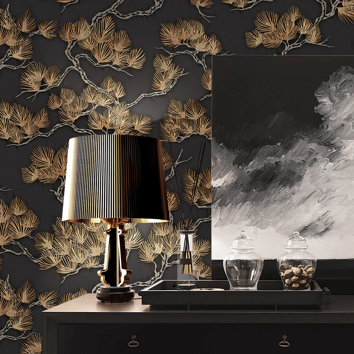 Veer Decor Embroidered Pine Tree Black Wallpaper 8387-AF4