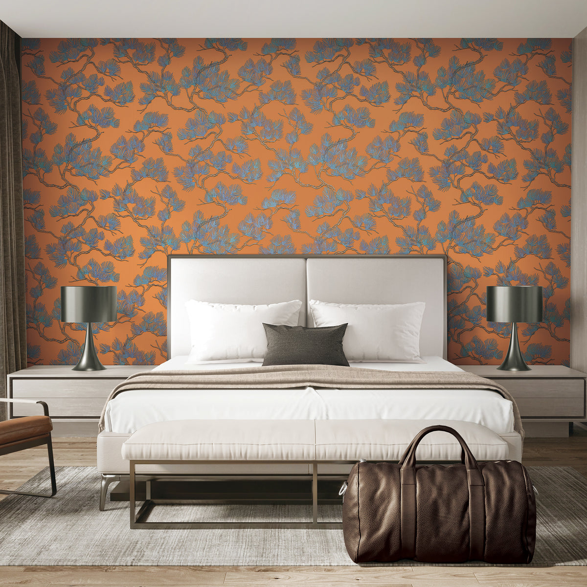 Veer Decor Embroidered Pine Tree Orange Wallpaper 8387-AF5