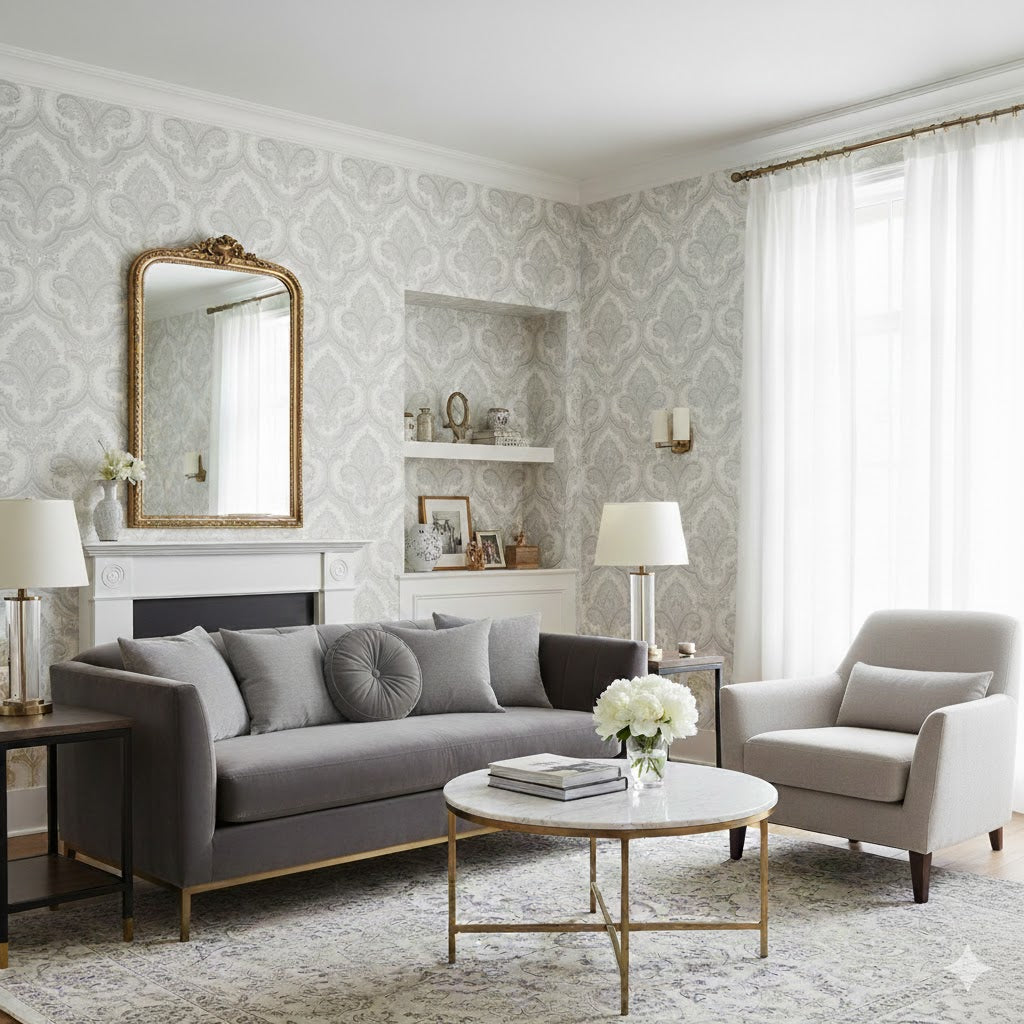 Veer Decor Traditional Damask Grey Wallpaper 8387-AL4
