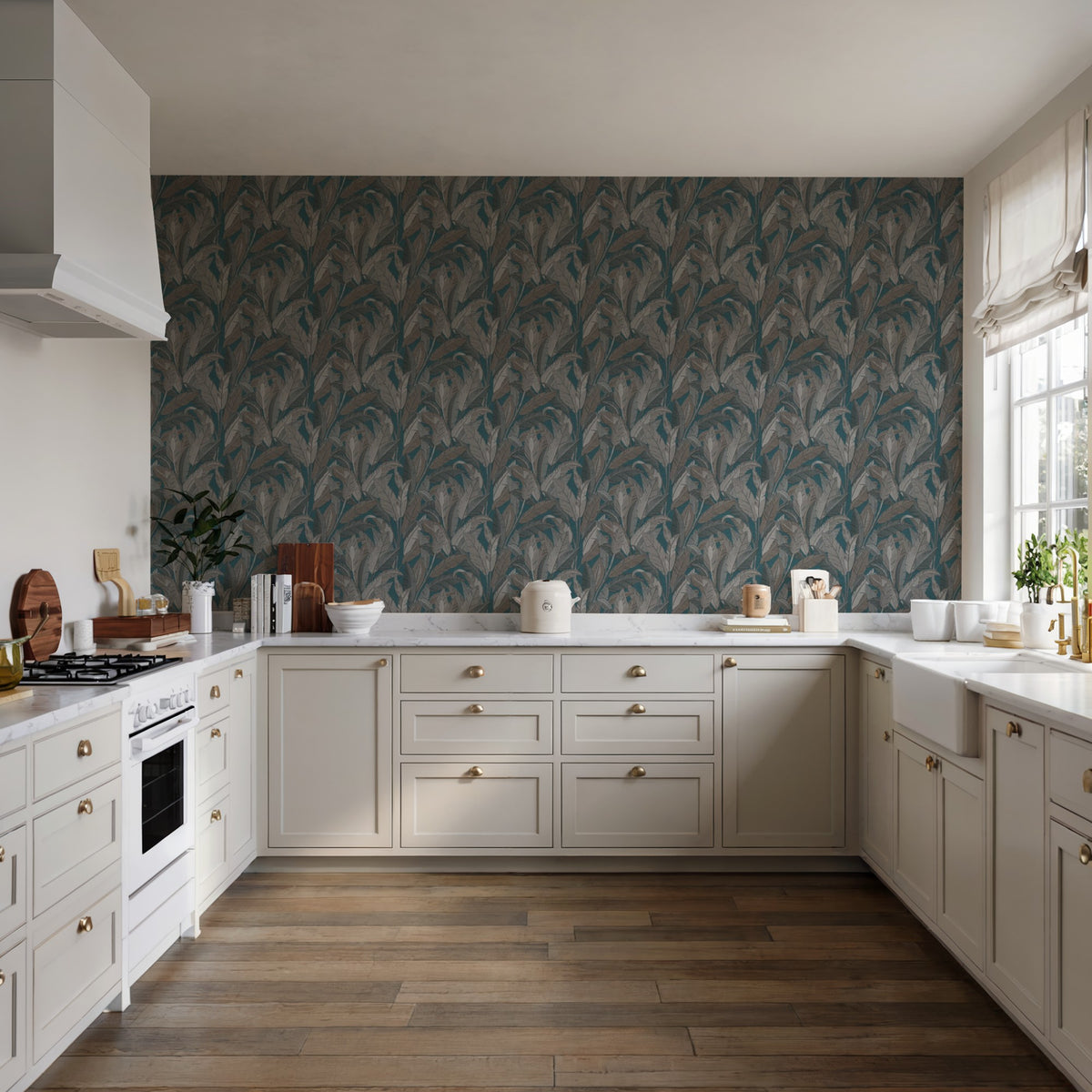 Veer Decor Embroidered Tropical Foliage Blue Wallpaper 8388-