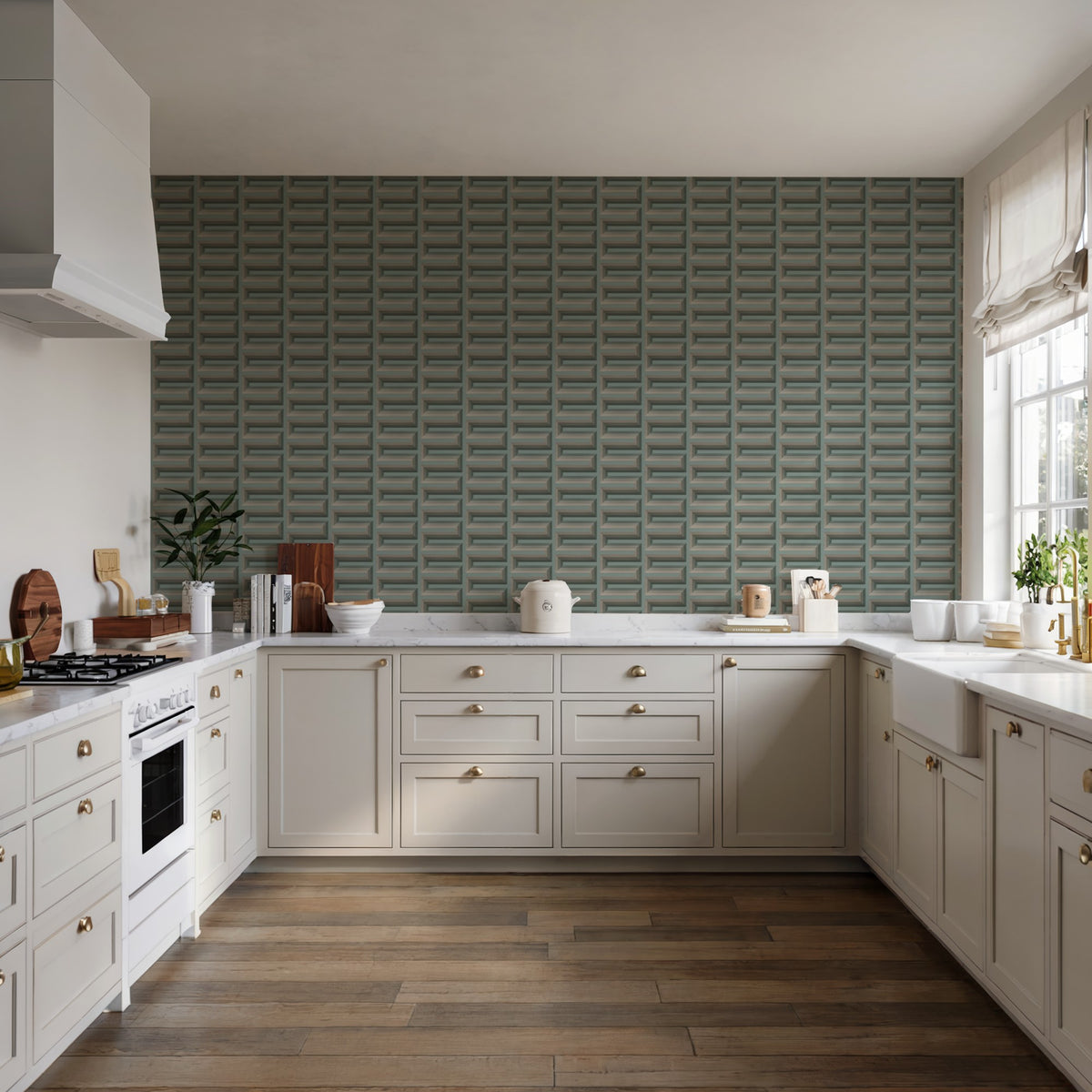 Veer Decor Embroidered Grecian Key Green Wallpaper 8388-AG5