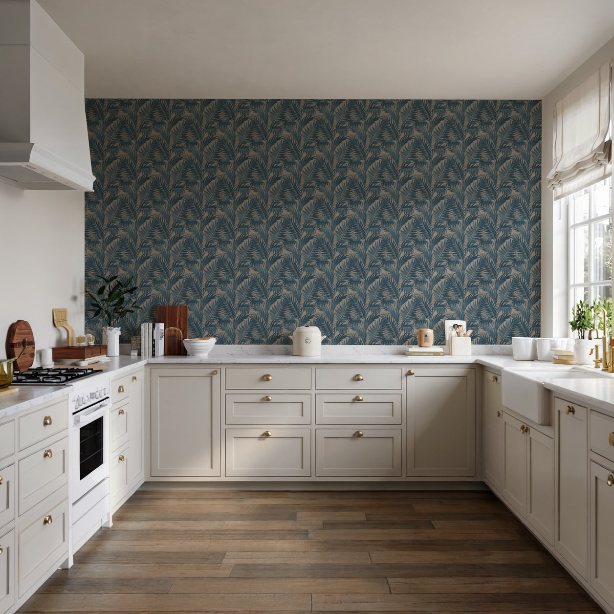 Veer Decor Embroidered Palm Blue Wallpaper 8389-AA8