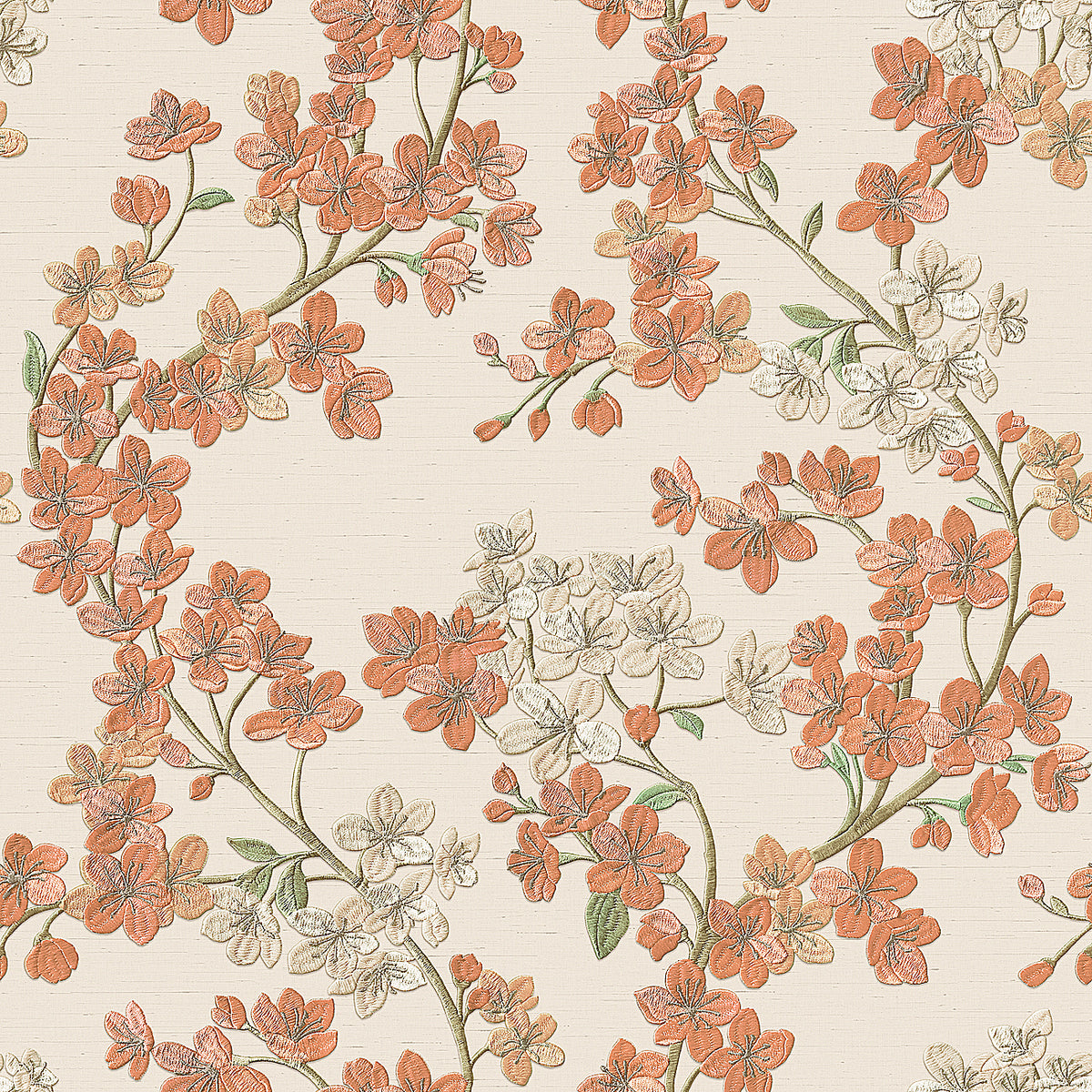 Veer Decor Embroidered Cherry Bloom Orange Wallpaper 8389-AB
