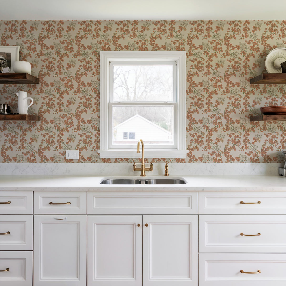 Veer Decor Embroidered Cherry Bloom Orange Wallpaper 8389-AB