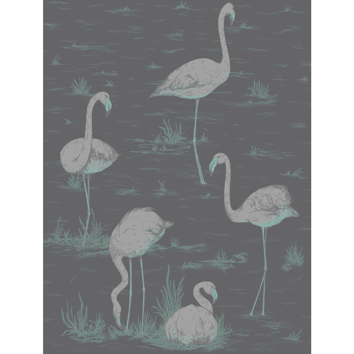 COLE & SON 95/8048.CS.0 FLAMINGOS TEAL/SLVR/BK Wallpaper - Eade's Wallpaper