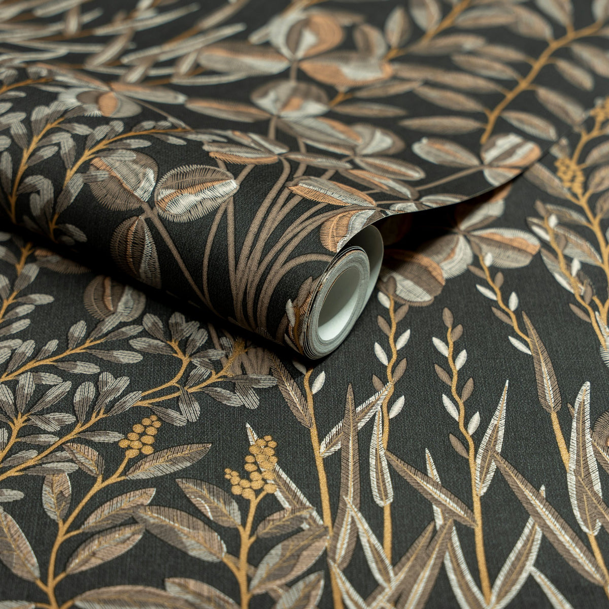 Galerie Inia Branched Leaves All-over Black Wallpaper INA789