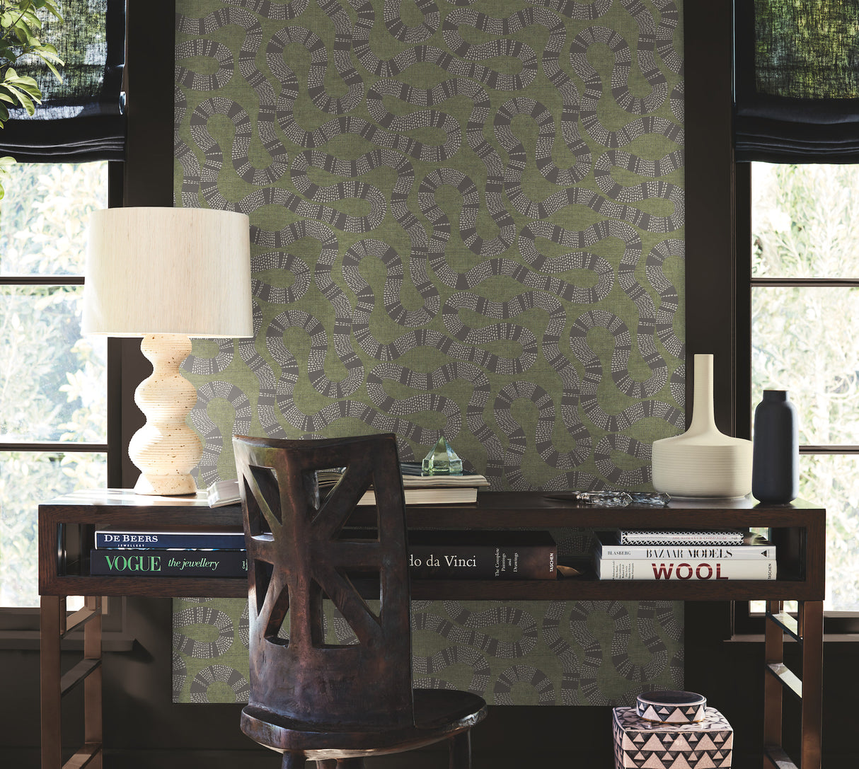 Antonina Vella AB3005 Ophidia Olive Wallpaper - Eade's Wallpaper