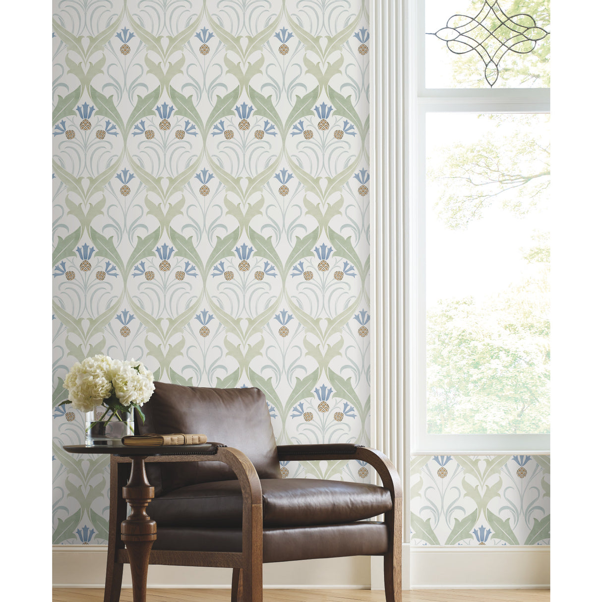York AC9173 Pine Cone Ribbon Green & Blue Metallic Wallpaper