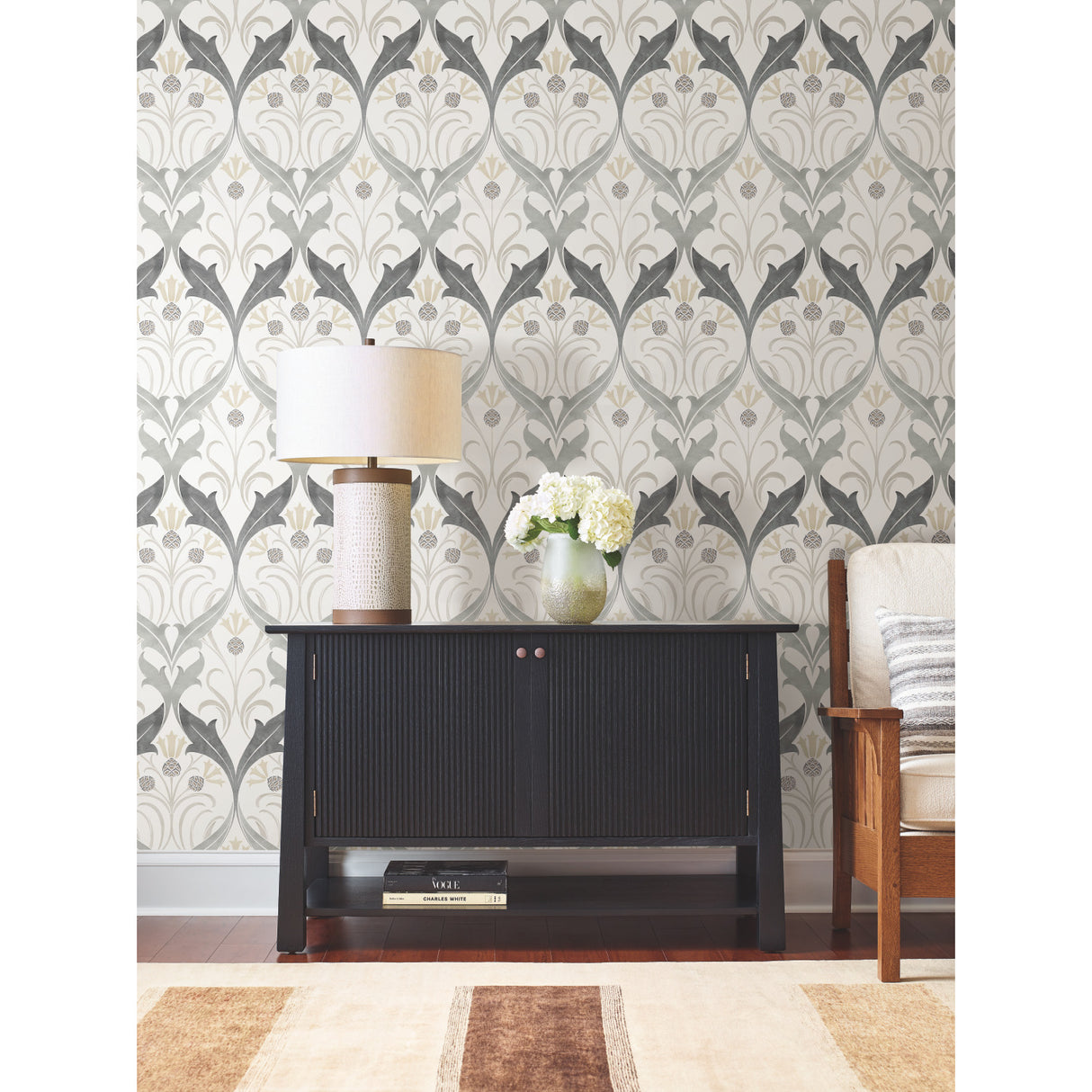 York AC9174 Pine Cone Ribbon Charcoal Metallic Wallpaper