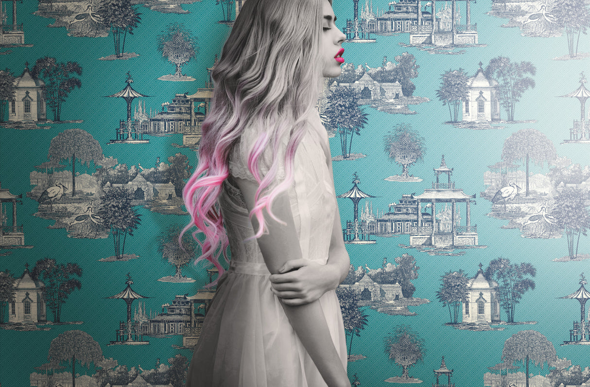 York AF1919 Mandarin Blue & White Wallpaper