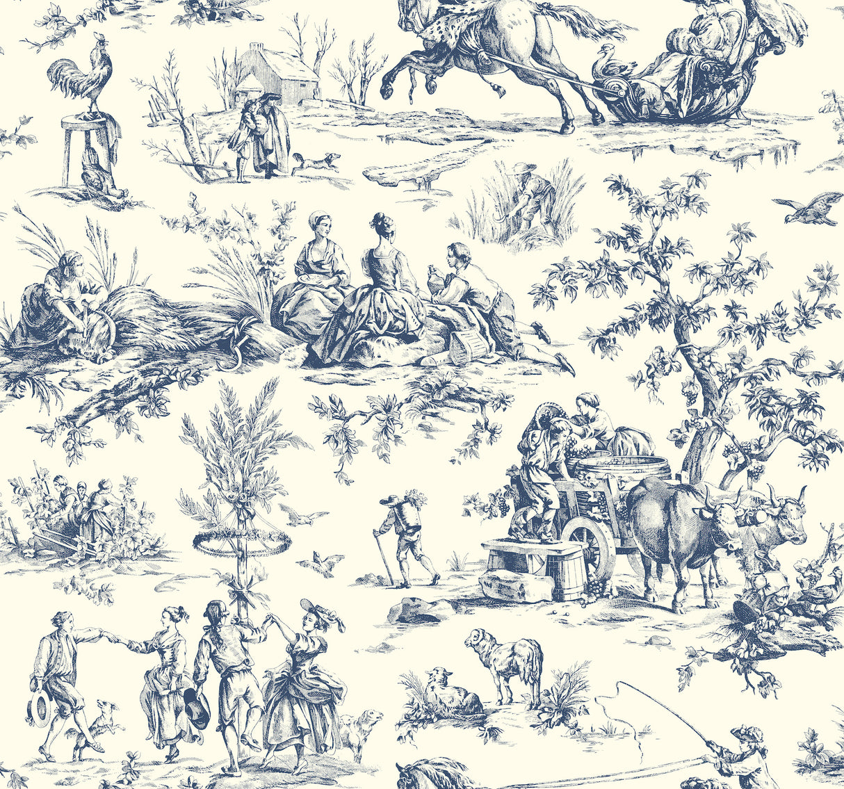 York AF2000 Seasons Toile Navy Wallpaper