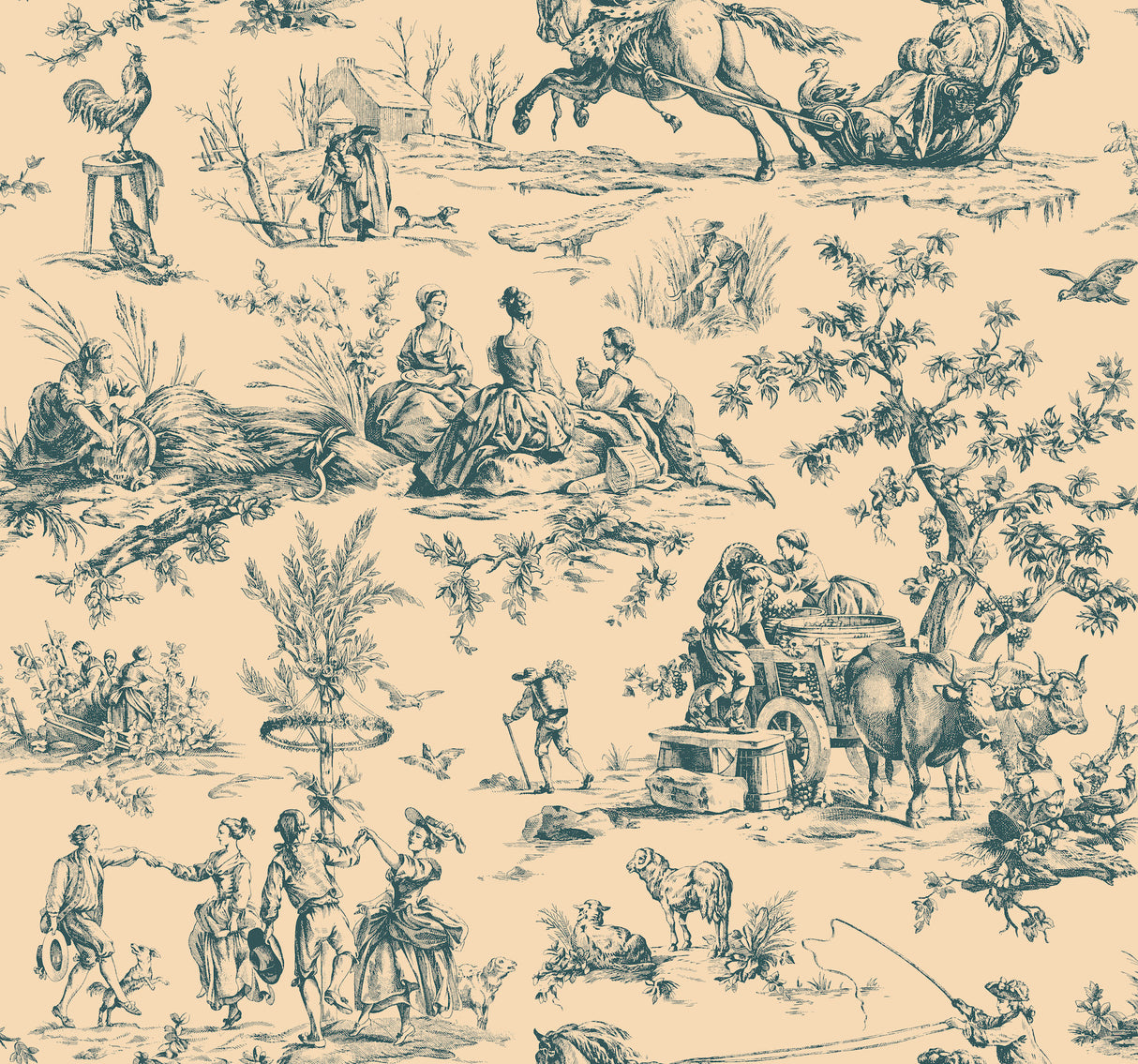 York AF2004 Seasons Toile Blue & Tan Wallpaper